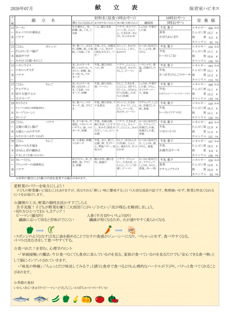 献立表